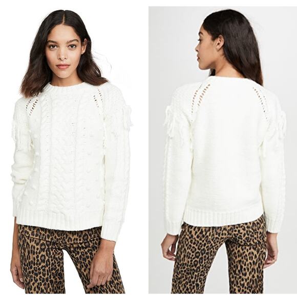 Cupcakes & Cashmere Angie Sweater Size Large White Ivory Fringe Pom Detail - Picture 2 of 12